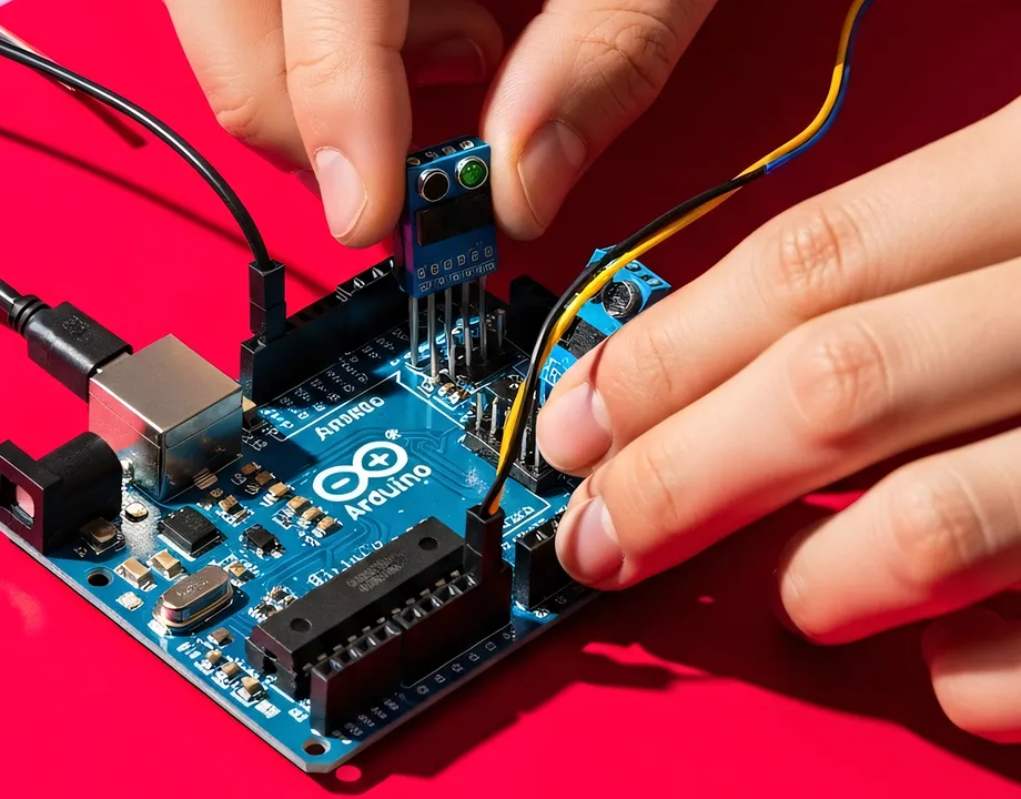 Hands connecting wires and a sensor module to an Arduino Uno board on a red surface.
