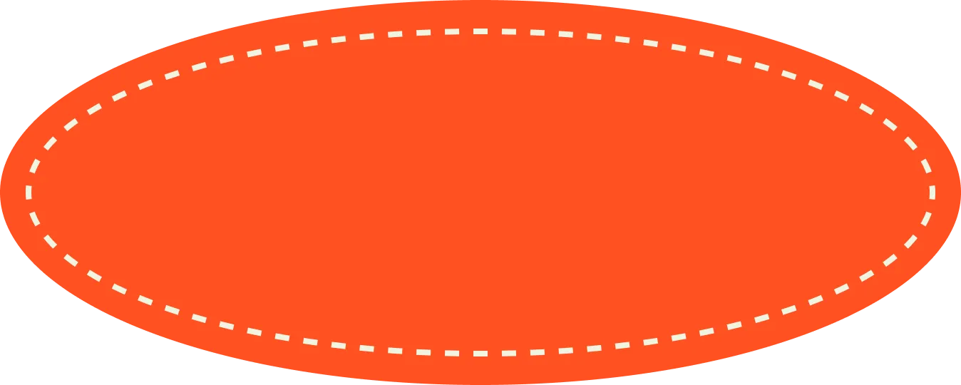 Bright orange elliptical shape with a dashed white outline on a transparent background.