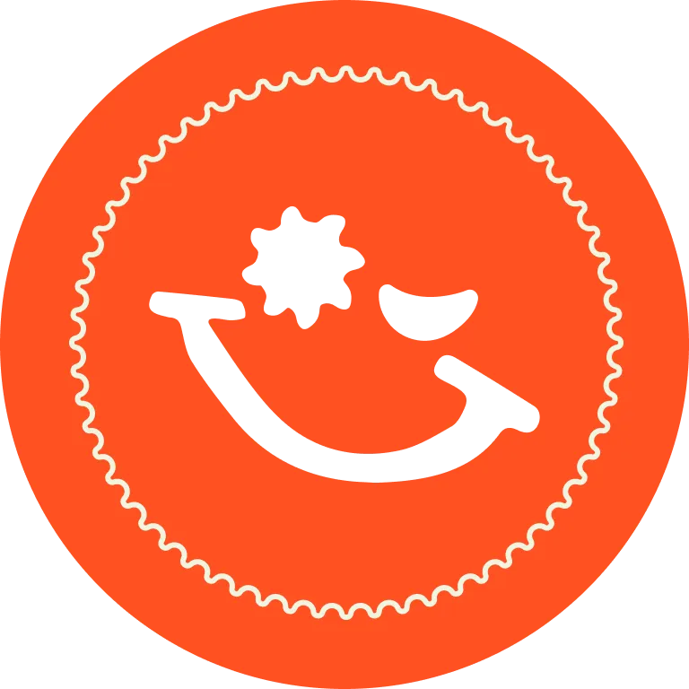 Stylized black smiley face with one eye shaped like a gear and the other a crescent moon, inside a white wavy circle on an orange background.
