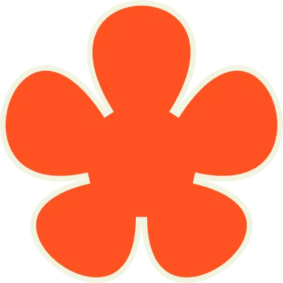 Orange five-petal flower shape with rounded petals and beige outline on black background.