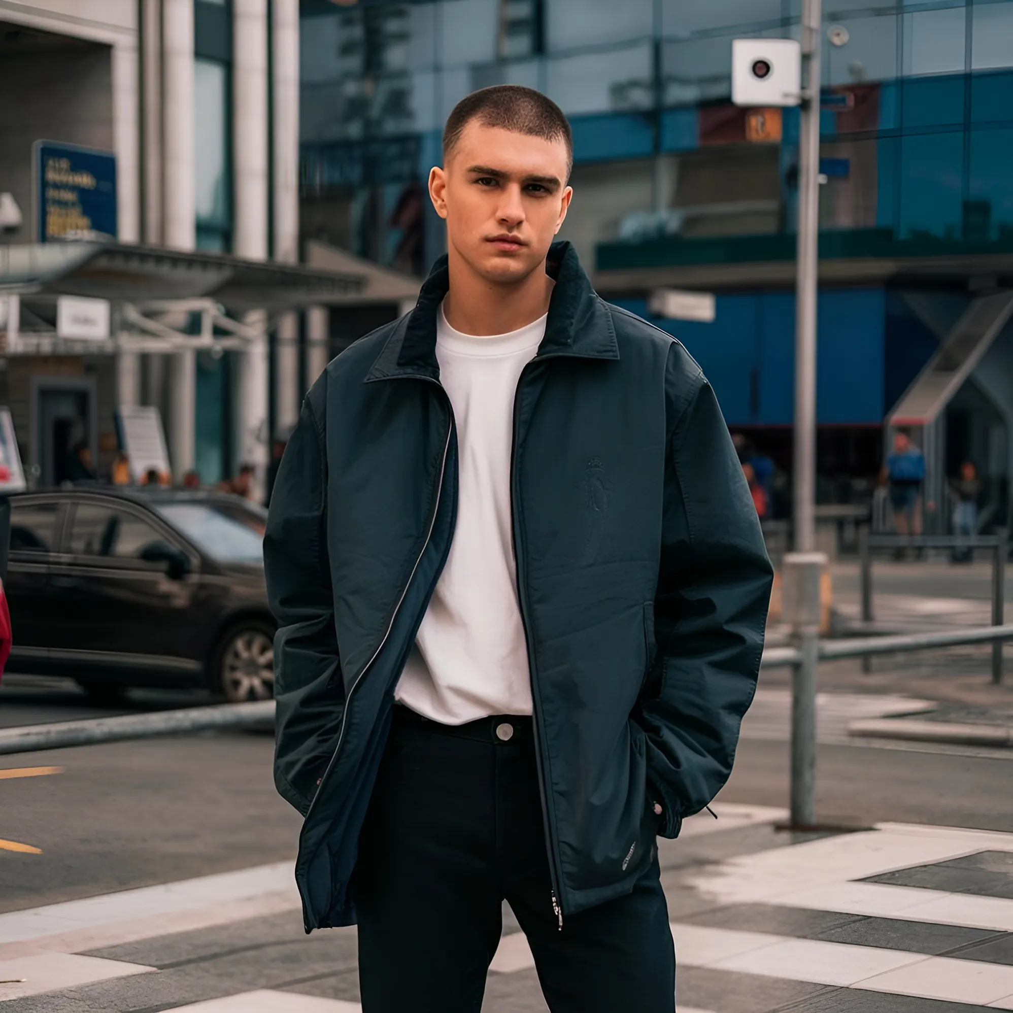 Young man with short hair wearing a dark jacket over a white shirt standing with hands in pockets in an urban street setting.